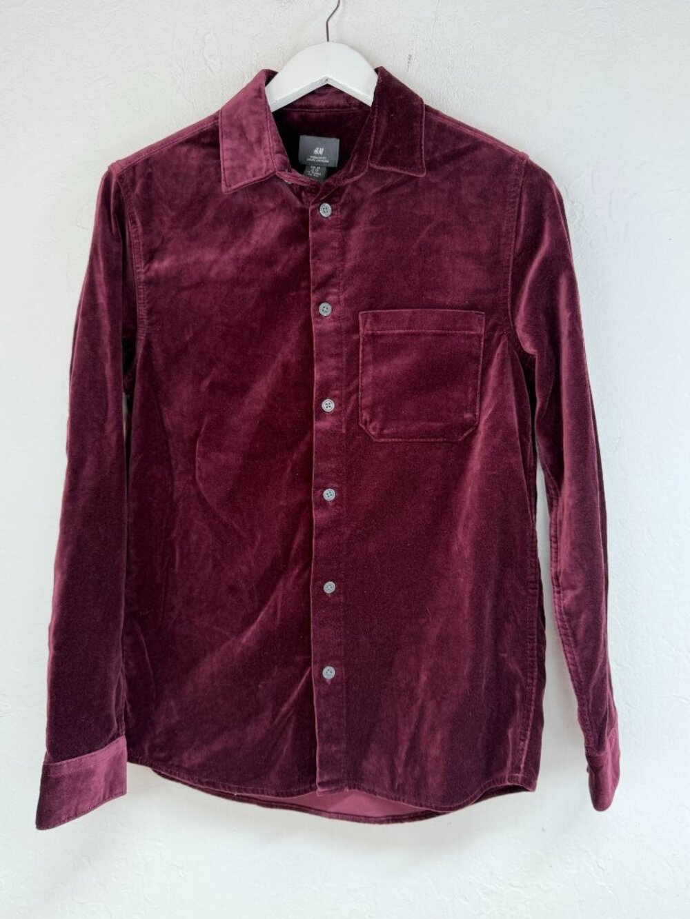 H&M Mens Burgundy Cotton Velvet Long Sleeve Button Up Shirt XS Regular Fit NWT